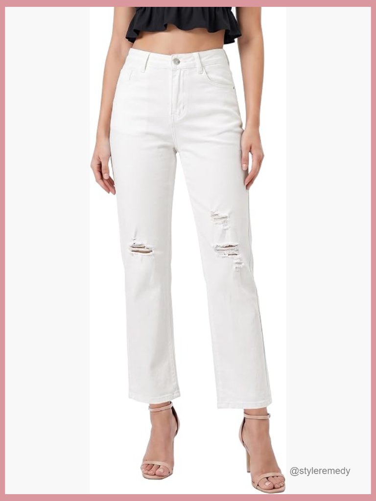 High Waisted Straight Leg Ripped Stretchy Cropped Jeans Ankle Length 27" Inseam
